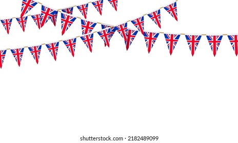 UK flag garland. Union Jack pennants chain. British party bunting decoration. Great Britain flags for celebration. Footer and banner background.