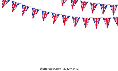 UK flag garland. Union Jack pennants chain. British party bunting decoration. Great Britain flags for celebration. Footer and banner background.