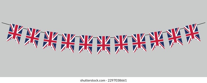 UK flag garland, Union Jack pennants chain, British party bunting decoration, Great Britain flags for coronation decor, vector decorative elements