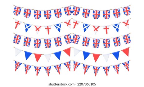 Garnelenset der britischen Flagge. Union Jack Pennants Kettensammlung. Britische Parteischmuck. Großbritannien flaggt zum Feiern. Fußzeile und Banner-Hintergrund.