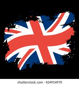 UK flag grunge style on black background. Brush strokes and ink splatter. National symbol of United Kingdom of Great Britain and Northern Ireland
