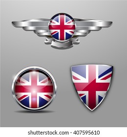 U.K. Flag hat badge, shield and glossy button