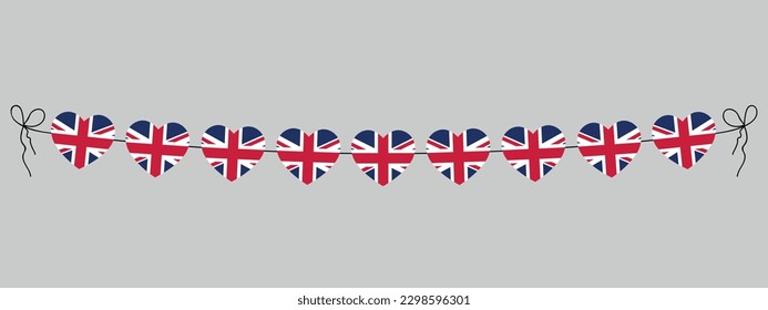 UK flag hearts garland, string of hearts, decoration, vector illustration