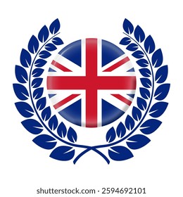 UK flag icon or badge. British circle sign with laurel wreath. United Kingdom national symbol. Vector illustration.