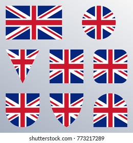 UK flag icon set. British flag in different shapes. Great Britain button collection. Vector illustration.