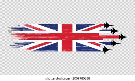 UK flag with military fighter jets isolated  on png or transparent ,Symbols of United Kingdom,Great Britain , template for banner,card,advertising ,promote,commercial, ads, web design,poster, vector