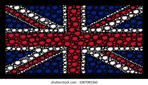UK Flag mosaic composed of boom bang pictograms on a dark background. Vector boom bang elements are composed into conceptual United Kingdom flag collage.