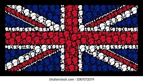 UK Flag Mosaic Created Of Soldier Helmet Icons On A Dark Background. Vector Soldier Helmet Icons Are Formed Into Geometric British Flag Composition.