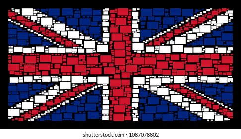 UK Flag mosaic done of filled rectangle design elements on a dark background. Vector filled rectangle elements are united into conceptual UK flag pattern.