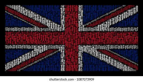 UK Flag mosaic done of medieval sword pictograms on a dark background. Vector medieval sword design elements are organized into conceptual UK flag pattern.