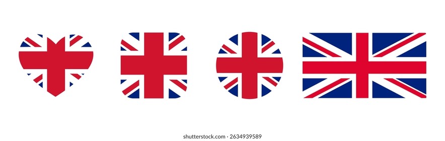 UK flag. National England symbol. Various shapes feature the  Union Jack flag flag, celebrating patriotism and national identity. Vector illustration