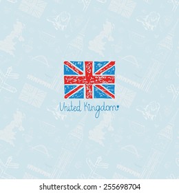 UK flag    background different symbols UK  Hand  drawn sketch  For packaging design  tea    country decor 
