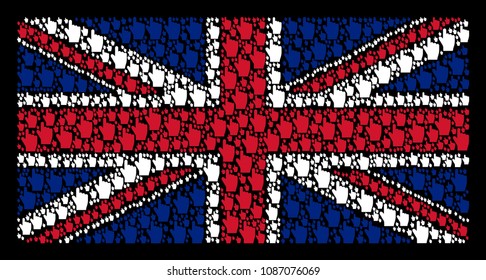 UK Flag pattern made of index finger pictograms on a dark background. Vector index finger elements are organized into conceptual English flag collage.