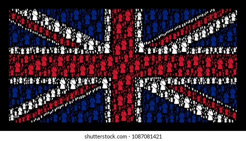 UK Flag pattern organized of death scytheman icons on a dark background. Vector death scytheman icons are combined into mosaic UK flag collage.