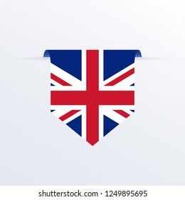 UK flag ribbon or pennant. United Kingdom and Great Britain hanging flag. British national symbol. Vector illustration.