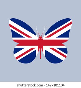 UK flag in the shape of a Butterfly. British Union Jack icon. England and Great Britain national symbol. Vector illustration.