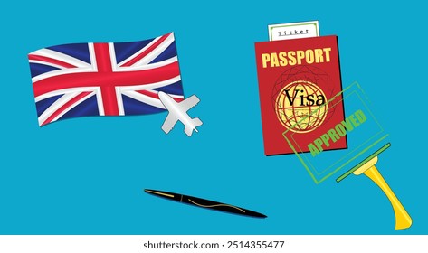 UK flag with white plane icon. Passport with visa approved stamp. Black stylish Pen. United Kingdom Travel poster. Editable vector EPS available