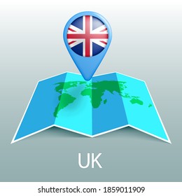 UK flag world map in pin with name of country