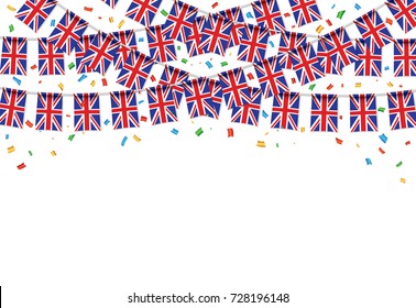 UK flags garland white background with confetti, Hang bunting for United Kingdom Day celebration template banner, Vector illustration