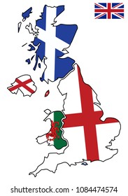 UK flags on their individual country outlines on a white background