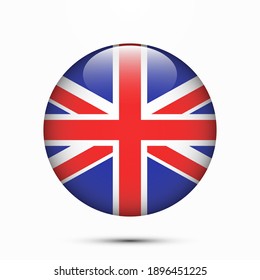 UK GB United Kingdom of Great Britain flag circle shape button glass texture vector illustration. Clear circle isolated UK flag Great Britain flag background button. Transparent glossy glass button