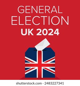 UK general election 2024. Voting day ballot box with flag, text and envelope going into box