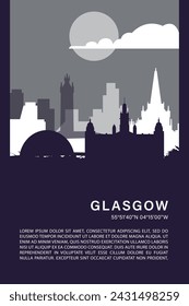 UK Glasgow city minimalistic poster with skyline, cityscape retro vector illustration. United Kingdom Scotland abstract travel front cover, brochure, flyer, leaflet, flier, template, layout