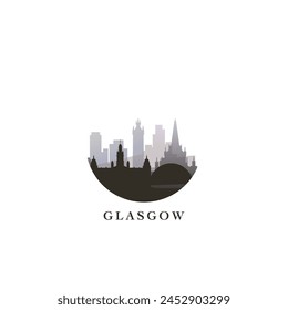 Reino Unido Glasgow cityscape, insignia de Vector degradado, logotipo plano del horizonte, icono. Escocia, Reino Unido idea redonda del emblema de la ciudad con Lugares famosos y siluetas de construcción. Gráfico aislado