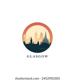 Reino Unido Glasgow cityscape, insignia de Vector degradado, logotipo plano del horizonte, icono. Escocia, Reino Unido idea redonda del emblema de la ciudad con Lugares famosos y siluetas de construcción. Gráfico aislado