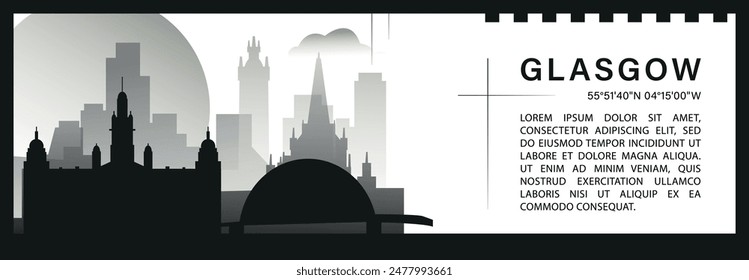 UK Glasgow Skyline Vektorgrafik Banner, schwarz-weiß minimalistische Stadtbild Silhouette. Vereinigtes Königreich Schottland Stadt Horizontale Grafik, Reise-Infografik, monochromes Layout für die Website