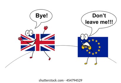 UK going away from EU. Brexit. Comic illustration with flags.