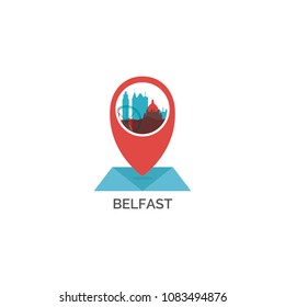 UK Great Britain Belfast city skyline landscape silhouette flat vector logo icon. Cool urban horizon map pin point geolocation illustration concept