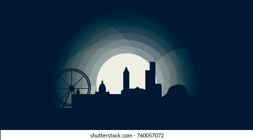 UK Great Britain Birmingham Blue Night Moon Sunset City Panorama Landscape Skyline Flat Icon Logo