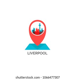 UK Great Britain England Liverpool city skyline landscape silhouette vector logo icon. Cool urban horizon map pin point geolocation illustration concept