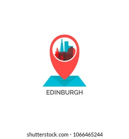 UK Great Britain Scotland Edinburgh city skyline landscape night silhouette vector logo icon. Cool urban horizon map pin point geolocation illustration concept