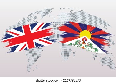 UK Great Britain and Tibet flags. The United Kingdom and Tibet flags, isolated on grey world map background. Vector illustration.