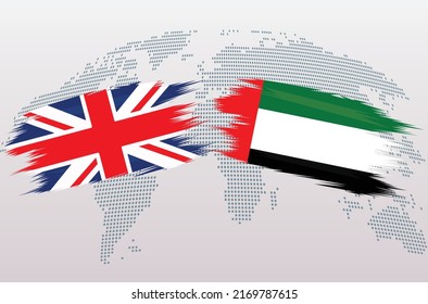 UK Great Britain and UAE flags. The United Kingdom and United Arab Emirates flags, isolated on grey world map background. Vector illustration. svg