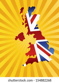 UK Great Britain Union Jack Flag in Map Silhouette with Sun Rays Background Vector Illustration