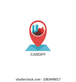 UK Great Britain Wales Cardiff city skyline landscape silhouette flat vector logo icon. Cool urban horizon map pin point geolocation illustration concept