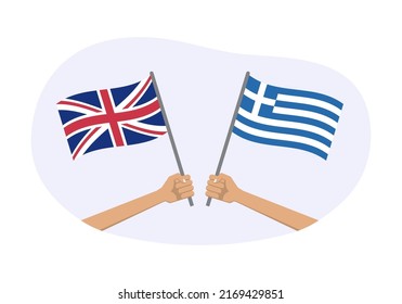 UK and Greece flags. Greek and British national symbols. Hand holding waving flag. Vector illustration.