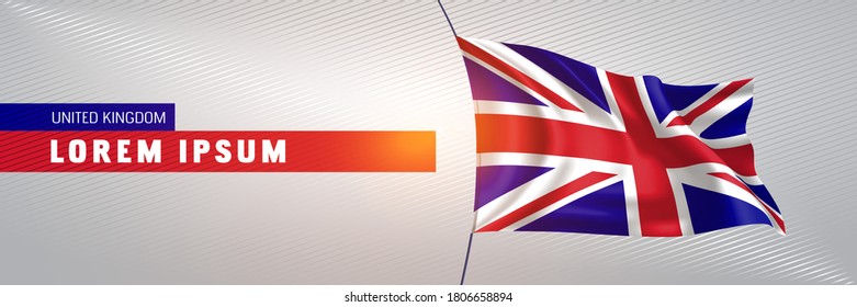 UK happy national day greeting card, banner vector illustration. United Kingdom of Great Britain holiday design element with 3D waving flag on flagpole