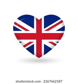 UK heart flag 3d icon. United Kingdom badge or button. British symbol. Vector illustration.