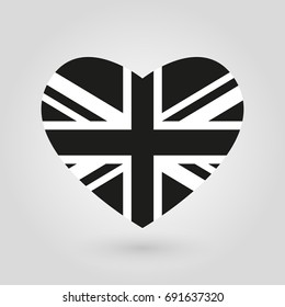UK heart flag icon. British black and white flag. Great Britain, United Kingdom and England national symbol. Vector illustration.