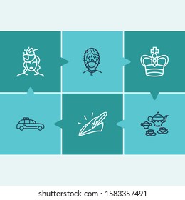 Uk icon set and crown with lady in small hat, robin hood and british soldier hat. Glamour related uk icon vector for web UI logo design.