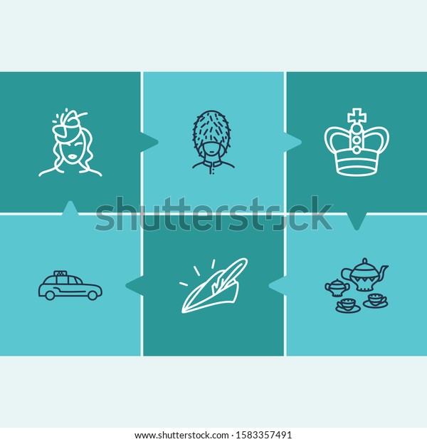Uk icon set and crown with lady in small hat,\
robin hood and british soldier hat. Glamour related uk icon vector\
for web UI logo design.