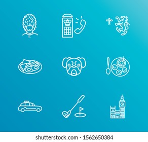 Uk icon set and taxi cab with lion, mops dog and big ben. Jam with biscuits related uk icon vector for web UI logo design.