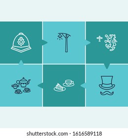 Uk Icon Set And Tea Set With Gentleman, English Police Hat And Lion. Porcelain Related Uk Icon Vector For Web UI Logo Design.