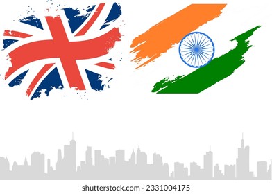 UK and India Vector Flag with the background of Buildings. Vector Illustration
