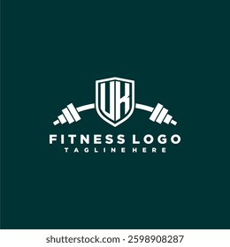UK initial monogram for fitnes or gym logo with creative shield and barbell design