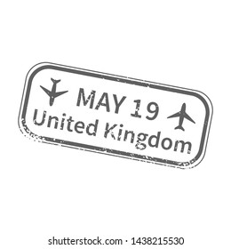 UK International travel visa stamp isolated on white. Arrival sign gray rubber stamp with texture